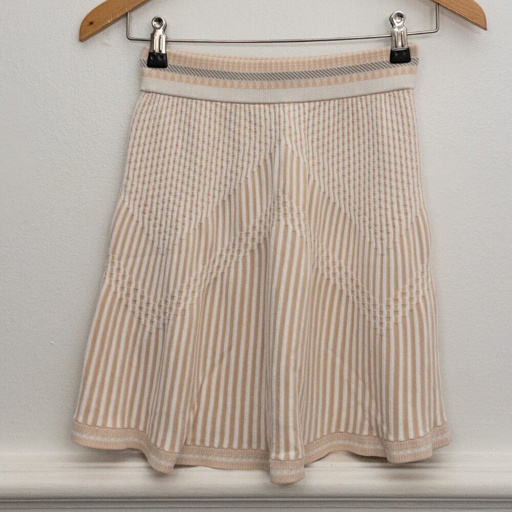 BCBGMAXAZRIA Striped Knit A-Line Skirt XS Beige White Stretchy Flared Style - Picture 2 of 4
